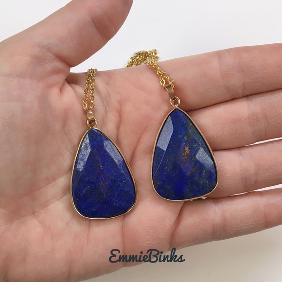 New Faceted Genuine Lapis Lazuli Triangular Pendant Necklace ~ Gold Plated Stone - Picture 1 of 11